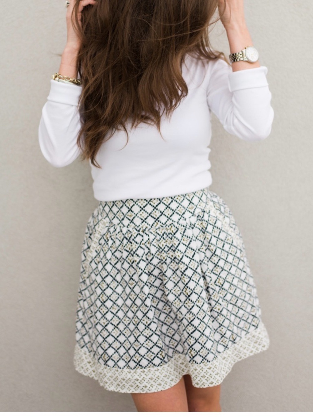 LOFT Cream and Navy A-Line Geometric Patterned Skirt